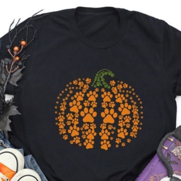 Tops - Paw Print Shirt, Pumpkin Dog Shirt, Dog Halloween Shirt